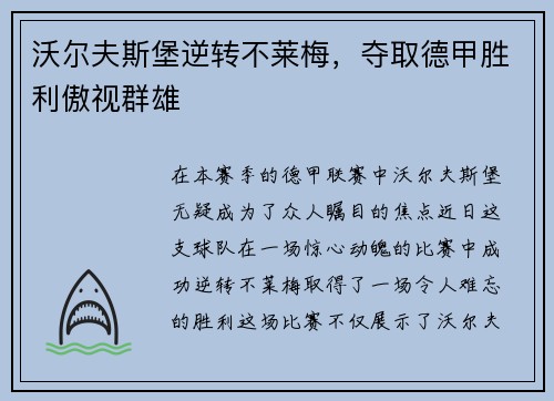 沃尔夫斯堡逆转不莱梅，夺取德甲胜利傲视群雄