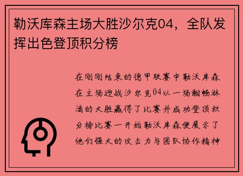 勒沃库森主场大胜沙尔克04，全队发挥出色登顶积分榜