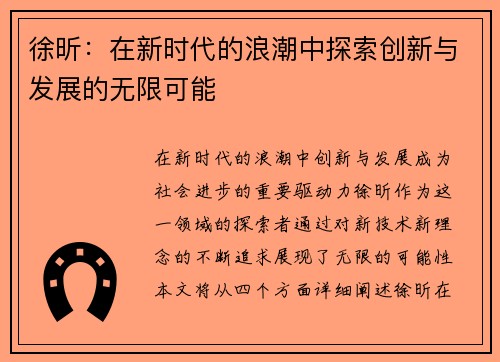 徐昕：在新时代的浪潮中探索创新与发展的无限可能
