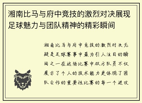 湘南比马与府中竞技的激烈对决展现足球魅力与团队精神的精彩瞬间