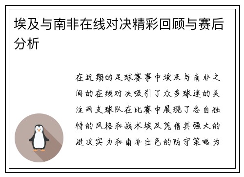 埃及与南非在线对决精彩回顾与赛后分析