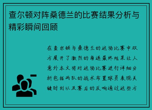 查尔顿对阵桑德兰的比赛结果分析与精彩瞬间回顾