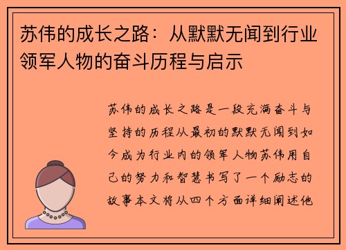 苏伟的成长之路：从默默无闻到行业领军人物的奋斗历程与启示