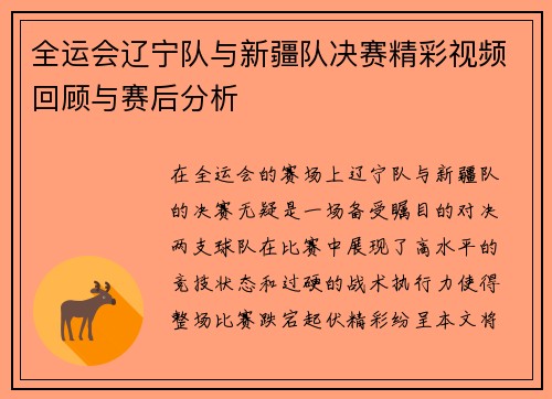 全运会辽宁队与新疆队决赛精彩视频回顾与赛后分析