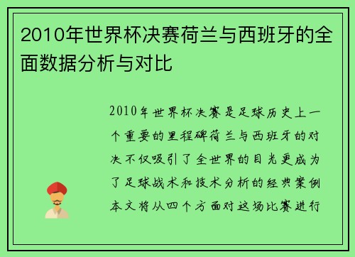 2010年世界杯决赛荷兰与西班牙的全面数据分析与对比