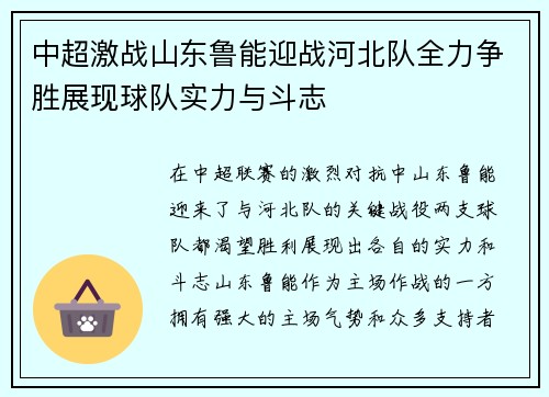 中超激战山东鲁能迎战河北队全力争胜展现球队实力与斗志