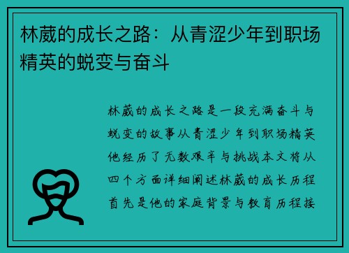 林葳的成长之路：从青涩少年到职场精英的蜕变与奋斗