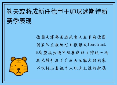 勒夫或将成新任德甲主帅球迷期待新赛季表现