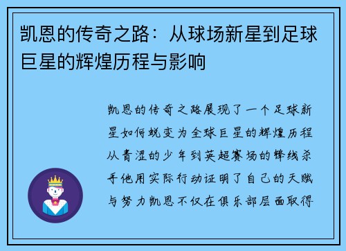 凯恩的传奇之路：从球场新星到足球巨星的辉煌历程与影响